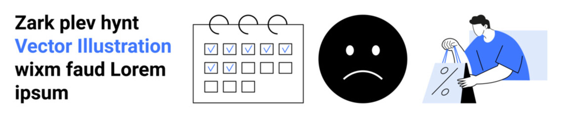 Calendar with blue checkmarks, sad face, person in blue holding shopping bags. Ideal for productivity, time management, emotions, mental health, shopping habits, daily routines lifestyle blogs