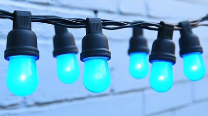 Glowing Blue String Lights on White Brick Wall