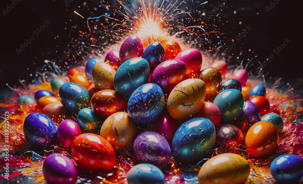 Poster pile of colorful eggs. some are blue, some are yellow, and some are red. they are all different size