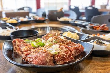Korean BBQ. Seasoned beef ribs