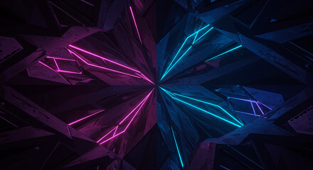Abstract Neon Glowing Lines on Dark Crystal Background Futuristic Sci Fi Digital Art