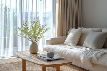 Modern living room with sunlight and stylish furniture