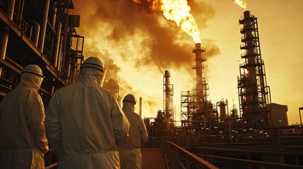 Three men in hazmat suits stand in front of a large industrial plant