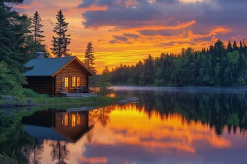 Fototapeta premium Small cabin reflecting in a calm lake during sunset