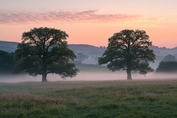 Two oak trees on a hill with a pink sunset sky