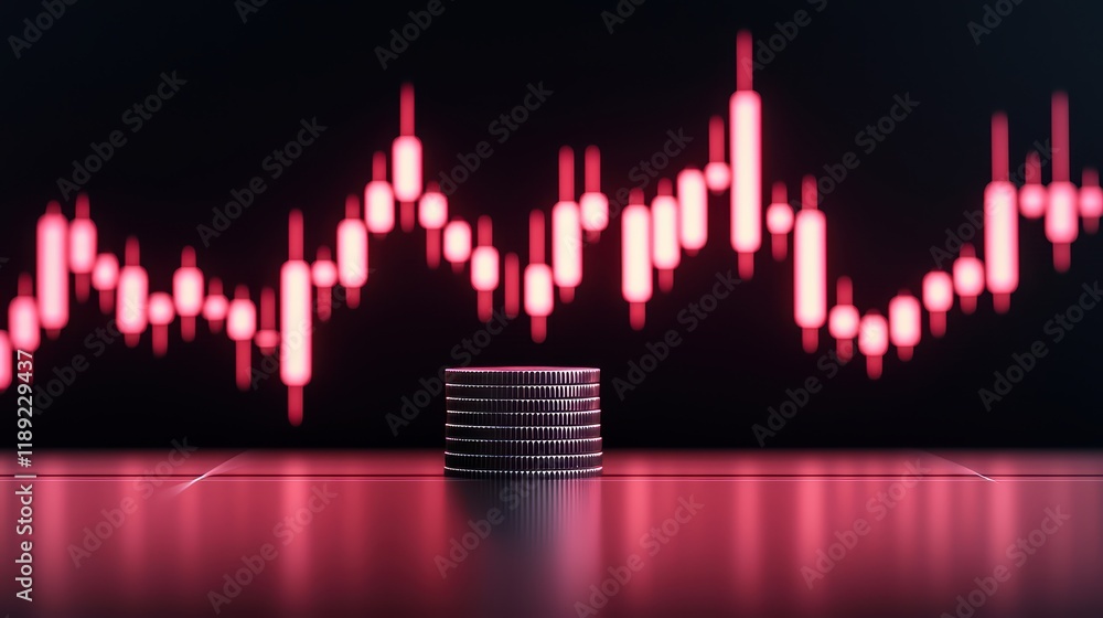 Poster stacked coins with abstract financial chart in background