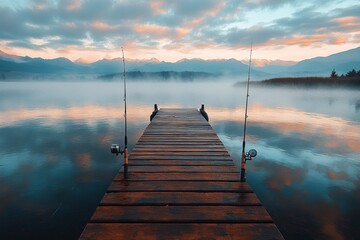 Wooden pier extending into a calm lake at sunrise