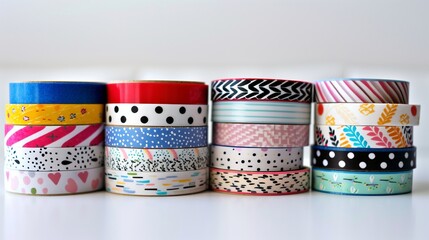 A set of multi-colored washi tapes neatly stacked on a white surface, showcasing various patterns.