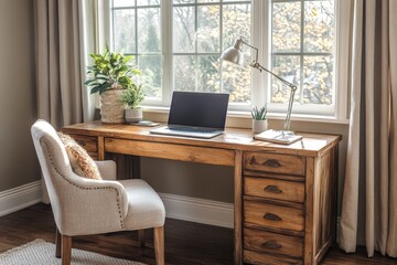 Minimalist workspace with natural light and wooden desk
