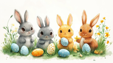 Fototapeta premium Cheerful Easter picnic with cute rabbits and colorful eggs in garden. scene is vibrant and joyful, perfect for celebrating holiday with family and friends
