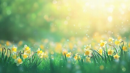 Fototapeta premium Vibrant Yellow Daffodils Blooming in Green Spring Meadow Light
