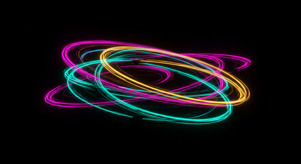 Abstract Neon Light Trails Vibrant Pink Teal and Gold Swirls on Black Background