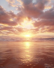 Fototapeta premium Crimson sunset over wet sand beach landscape nature serene environment low angle view