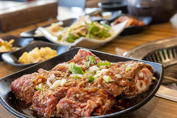 Korean BBQ. Seasoned beef ribs