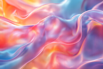 Obraz premium Colorful silky fabric creating a vibrant wave pattern under soft lighting in a serene setting. Abstract background, soft colors, fluid fabric, holographic gradient, silk texture