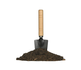 Pala pequeña para jardinería hundida en un montón de tierra, fondo blanco