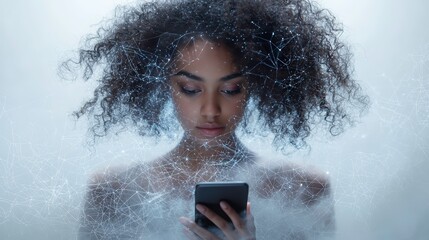 Empowered Woman in Business Attire Holding High Fidelity Smartphone Modern Office Professional Portrait Urban Environment Innovative Technology Concept