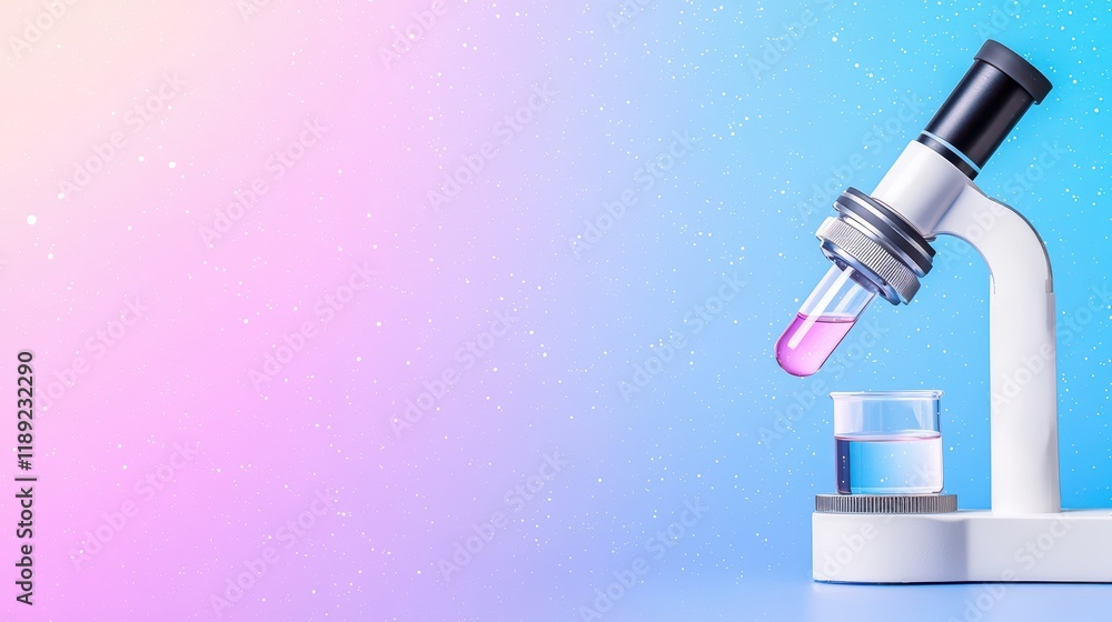 Poster laboratory microscope with pink liquid on gradient background