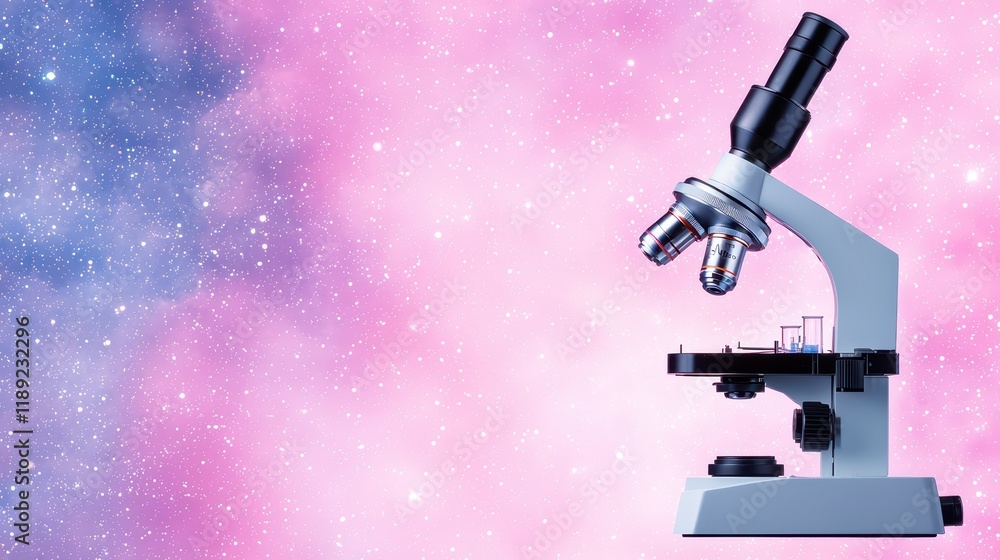 Poster modern microscope on colorful cosmic background in science theme