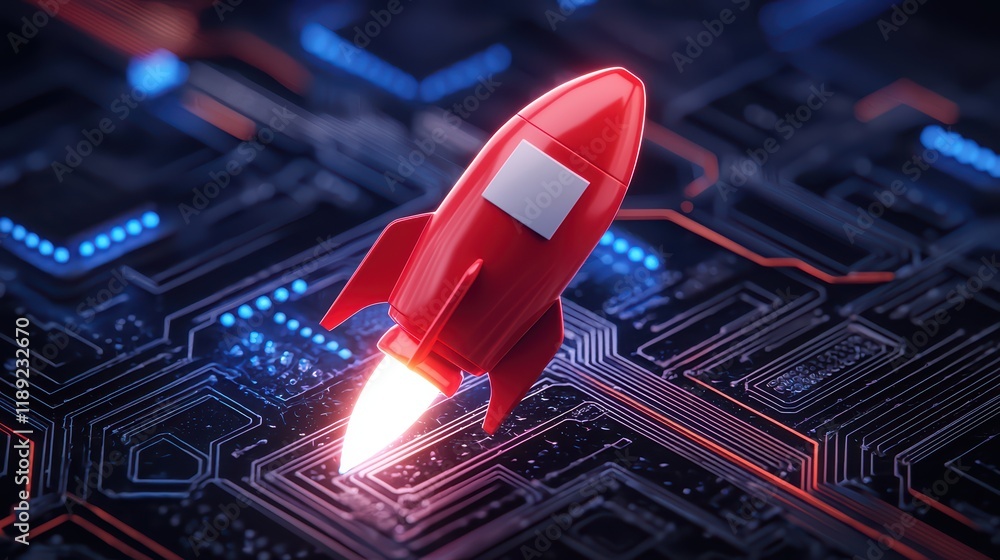 Poster red rocket launching from digital circuit background with lights