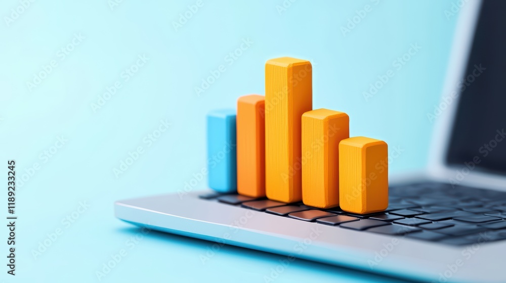 Poster colorful bar graph on laptop keyboard representing data analysis
