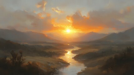 Fototapeta premium Majestic sunset over tranquil river valley mountain landscape digital artwork serene environment wide angle view nature's beauty