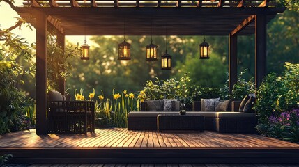 Obraz premium Cozy Outdoor Living Space with Lanterns and Comfortable Seating