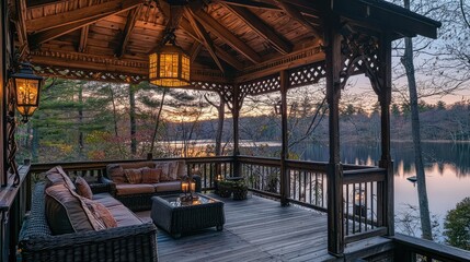 Obraz premium Cozy Wooden Gazebo Overlooking Serene Lake at Sunset in Autumn