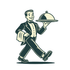 A vintage-style illustration of a waiter in formal attire carrying a serving tray, perfect for restaurant branding, hospitality themes, or retro designs. Isolated vector illustration.