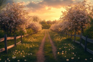 Naklejka premium Country road leading through an orchard of blooming apple trees