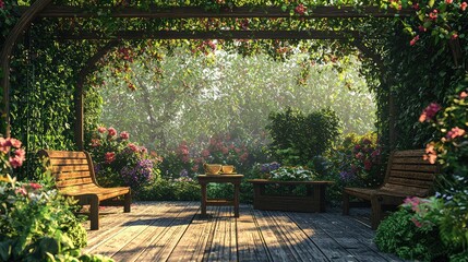 Obraz premium Serene Garden Retreat with Wooden Benches and Colorful Flowers