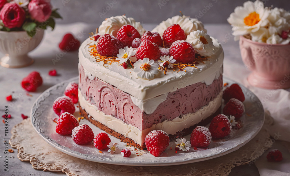 Poster delicious looking cake with a heart shape and strawberries on top. the cake is placed on a white pla