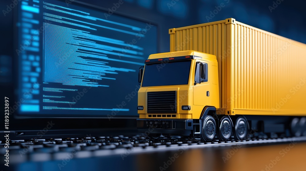 Aufkleber truck model with container on keyboard background conceptual image