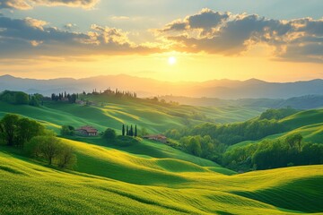 Fototapeta premium Golden sunrise over a serene valley with distant farmhouses