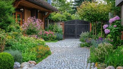 Charming Garden Pathway Leading to a Wooden Gate Surrounded by Flowers