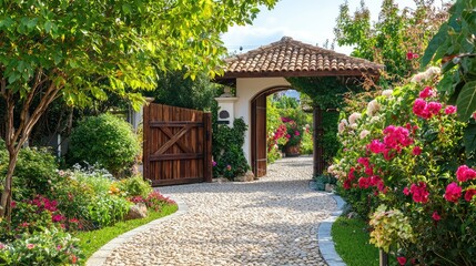 Fototapeta premium Serene Garden Pathway with Colorful Flowers and Rustic Gate