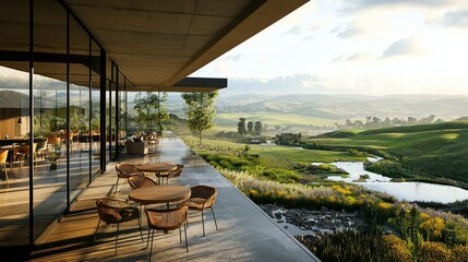 Fototapeta premium Serene Outdoor Patio Overlooking Lush Green Landscape at Sunset