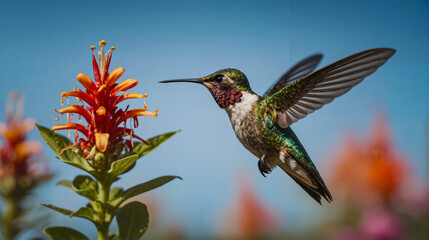 Fototapeta premium Hummingbird hovering near red flower. Bird is colorful and has red beak. Concept of beauty and tranquility as bird is surrounded by colorful flowers of flower, Close-up. Generative AI.