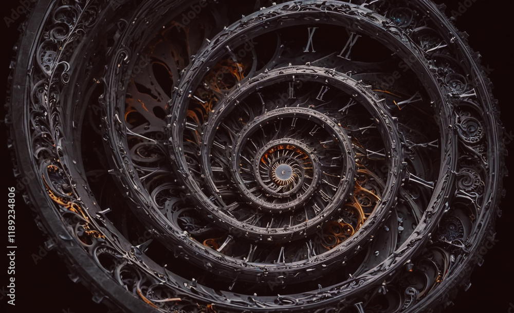 Aufkleber spiral with a clock on it. the clock is on the right side of the spiral. the spiral is black and has