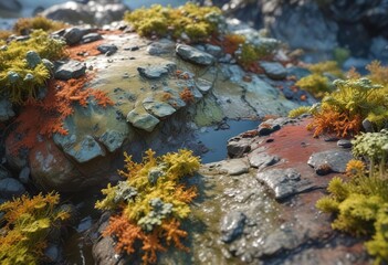 Lichen and algae formations on a wet rock surface, nature, fungi, lichens