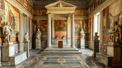 Naklejka premium Grand Art Gallery with Statues and Colorful Murals in Ancient Setting