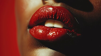 Close-Up of Glossy Red Lips Against a Bold Red Background