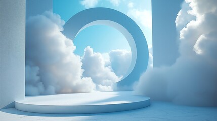 Airy 3D presentation space with calming blue background. Wispy white clouds float in front of circular form. Clean, spacious environment for product display. Bright blue sky. Light, airy feel.