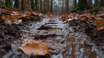 Fototapeta premium Muddy Footpath in a Forest Covered with Fallen Leaves and Water
