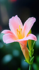 Fototapeta premium Delicate pink flower with yellow stamens, set against a softly blurred green background.