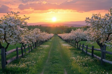 Naklejka premium Pathway lined with blooming fruit trees in an orchard at sunrise