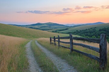 Path leading through a grassy field at sunset