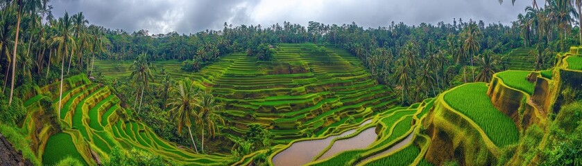 Lush Terraced Rice Fields Under Cloudy Skies - Ideal for Travel and Nature Content