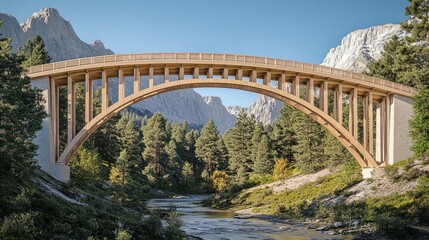 Fototapeta premium Scenic Wooden Arch Bridge Over a Mountain Stream Surrounded by Lush Forests and Mountains