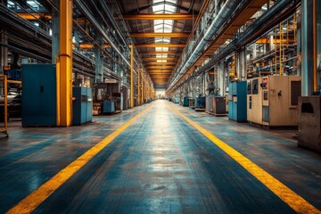 Industrial factory interior with clean machinery and pipes